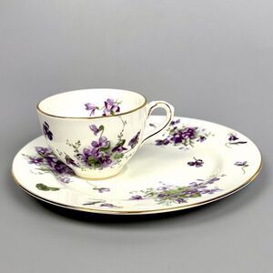 Hammersley Victorian Violets Snack Plate & Cup England White Purple